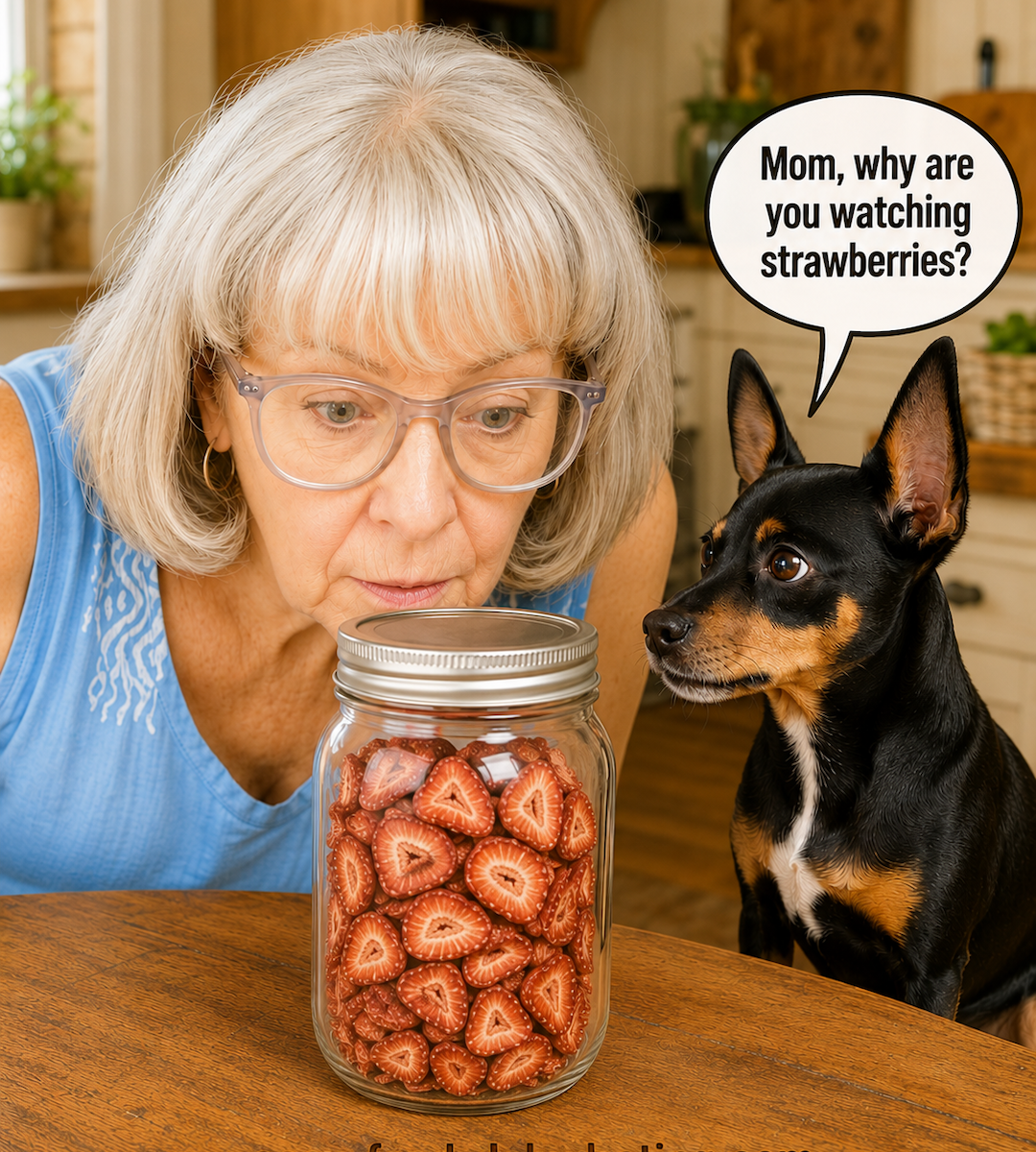 Susan peers closely at a mason jar of dried strawberries while Minnie asks, “Mom, why are you watching strawberries?”